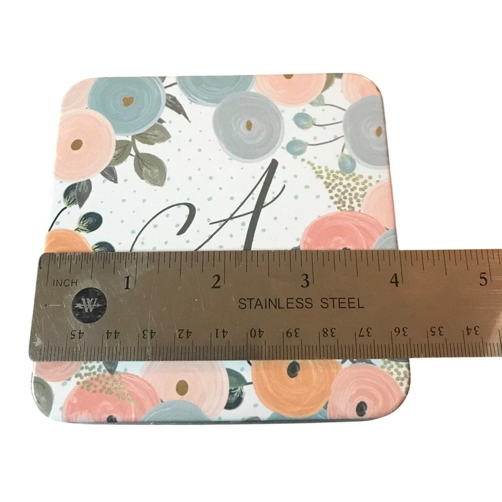 Floral Monogram Letter A Metal‎ Storage Tin Box Blue Peach Flower Decor